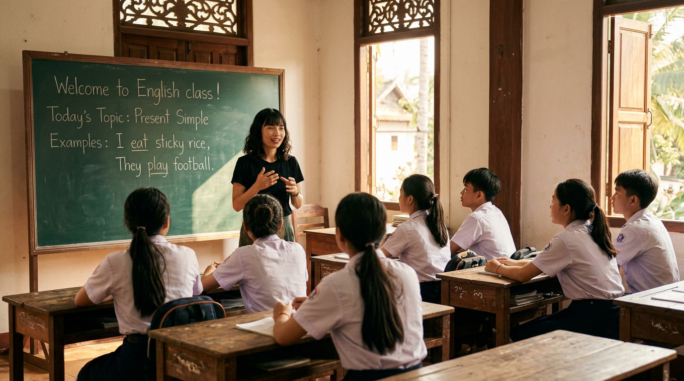 Rural Lao village classroom and mountains near Luang Prabang