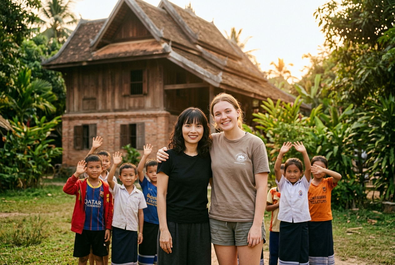 Volunteers teaching in a village classroom